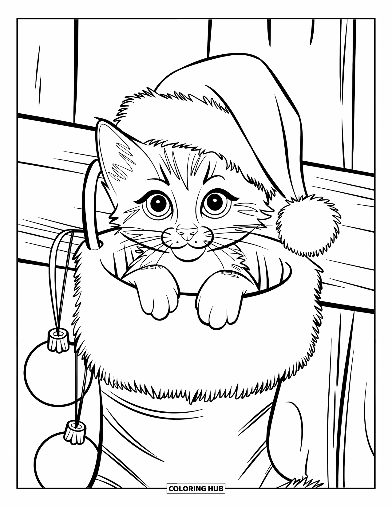 Christmas Kitten Coloring Page for Kids: A kitten peeks out of a stocking hung on a wooden pole