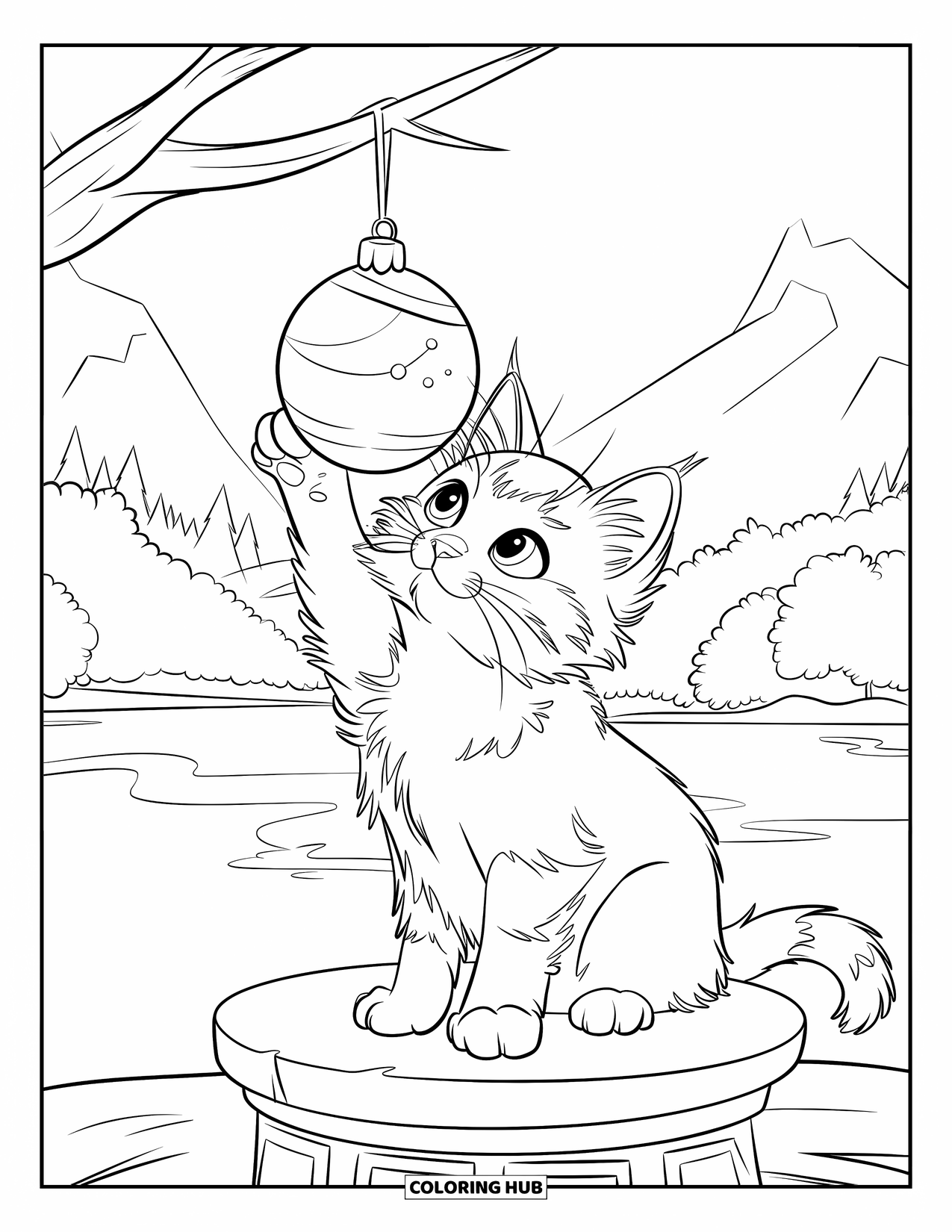 Christmas Kitten Coloring Page for Kids: A kitten reaches toward a hanging ornament from a tall perch