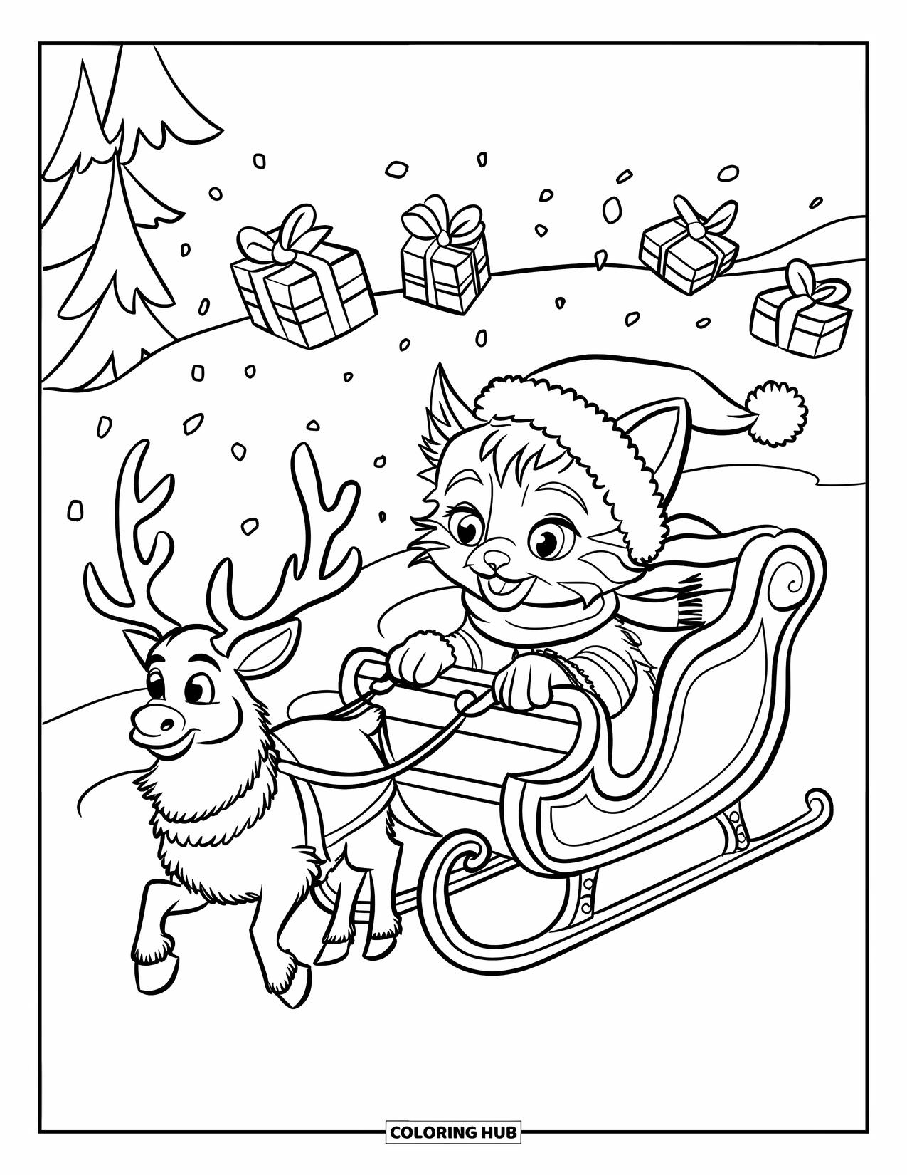 Christmas Kitten Coloring Page for Kids: A kitten rides a sleigh, gifts flying through the snowy sky
