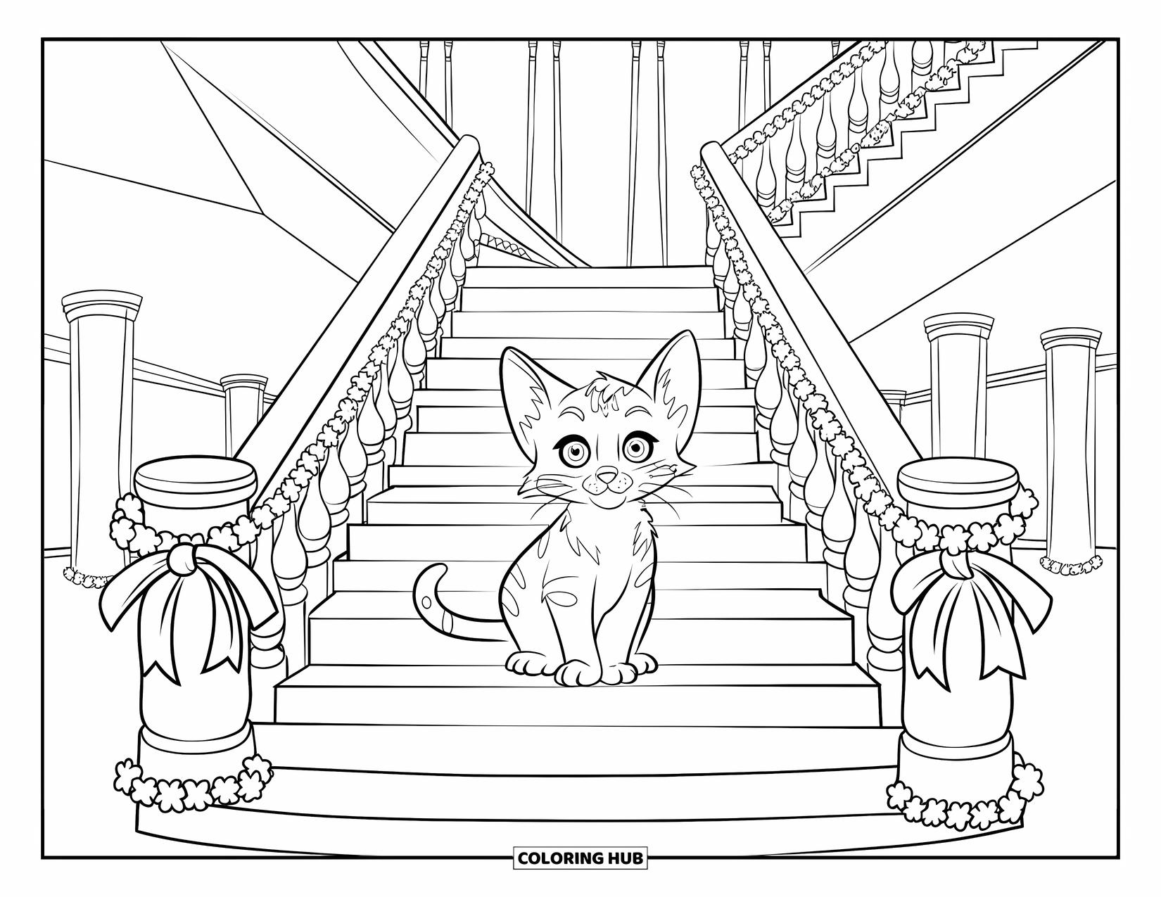 Christmas Kitten Coloring Page for Kids: A kitten sits among bows and garlands in a grand hallway
