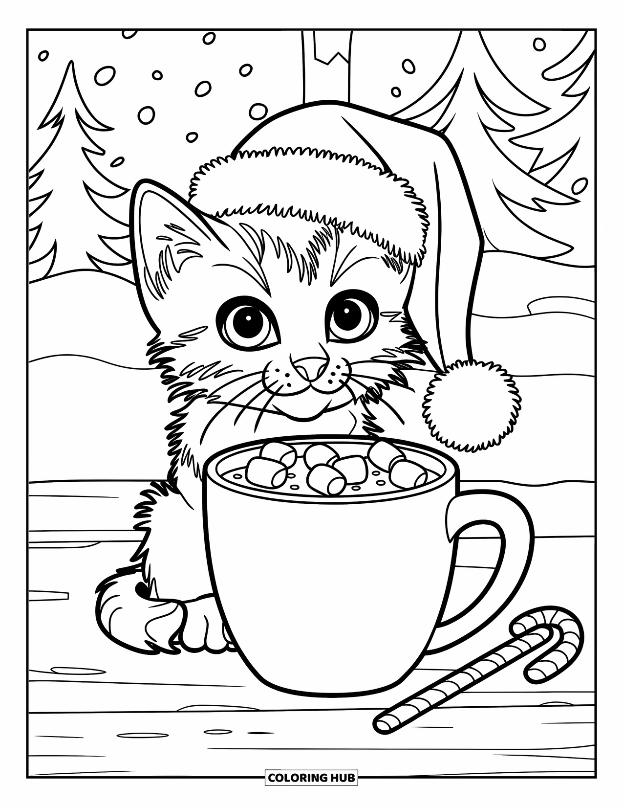 Christmas Kitten Coloring Page for Kids: A kitten sits beside a steaming mug of cocoa and marshmallows