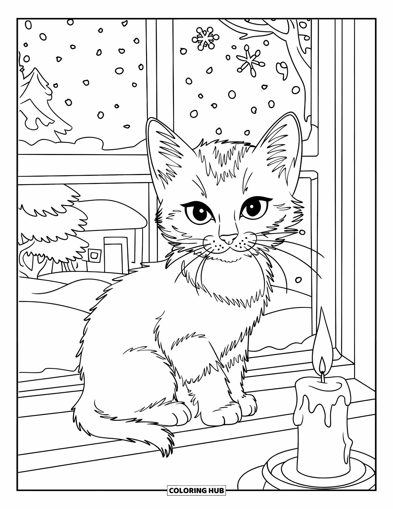 Christmas Kitten Coloring Page for Kids: A kitten sits by a candlelit window watching gentle snowfall