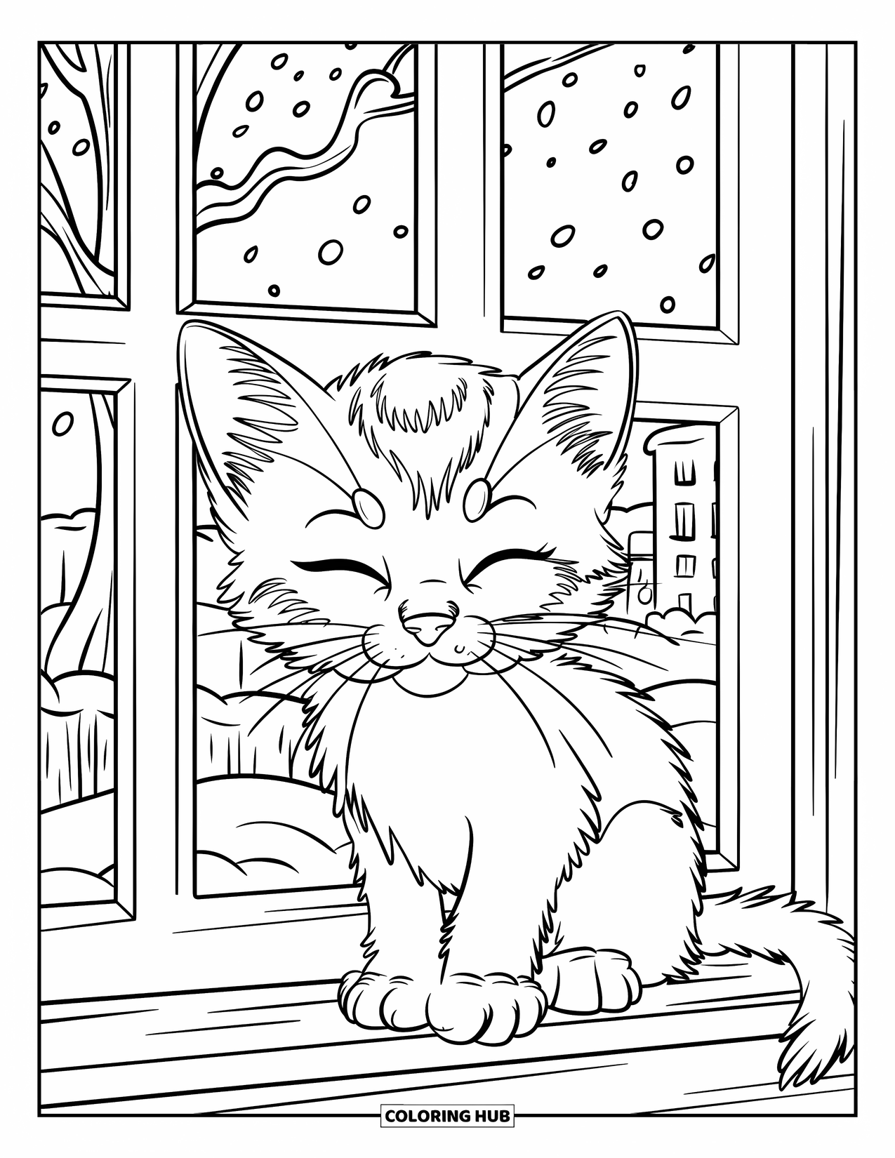 Christmas Kitten Coloring Page for Kids: A kitten sits by a frosty window watching snow drift down