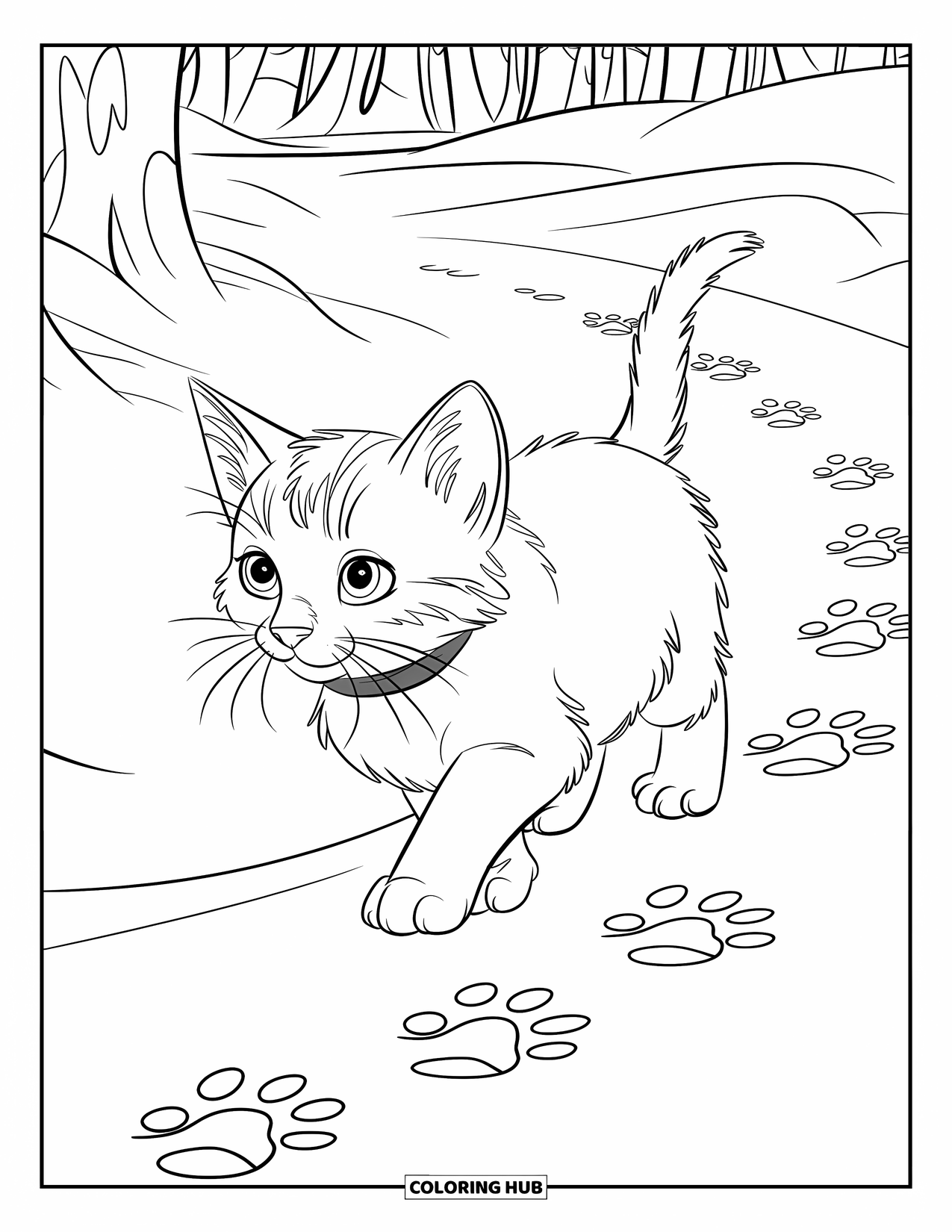 Christmas Kitten Coloring Page for Kids: A kitten strolls along a snowy path wearing a bright collar