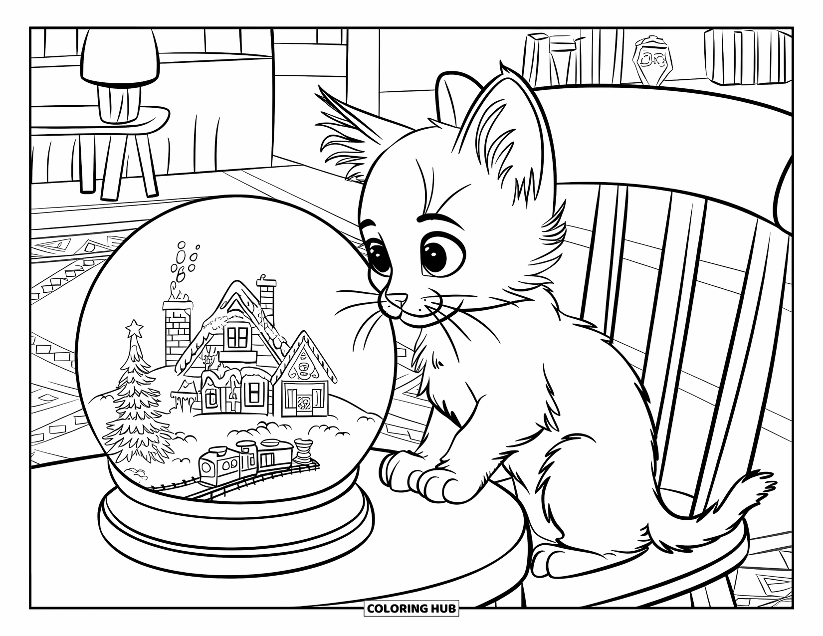 Christmas Kitten Coloring Page for Kids: A kitten studies a snowy village in a globe atop a cozy chair