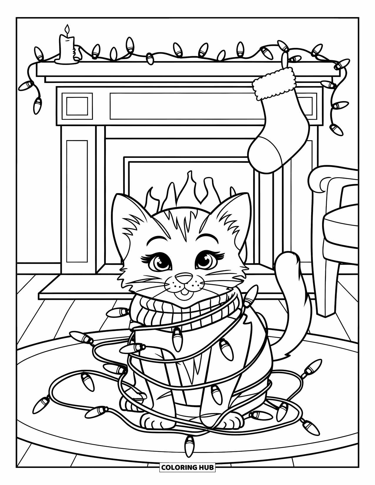 Christmas Kitten Coloring Page for Kids: A kitten tangled in Christmas lights sits near a warm fireplace