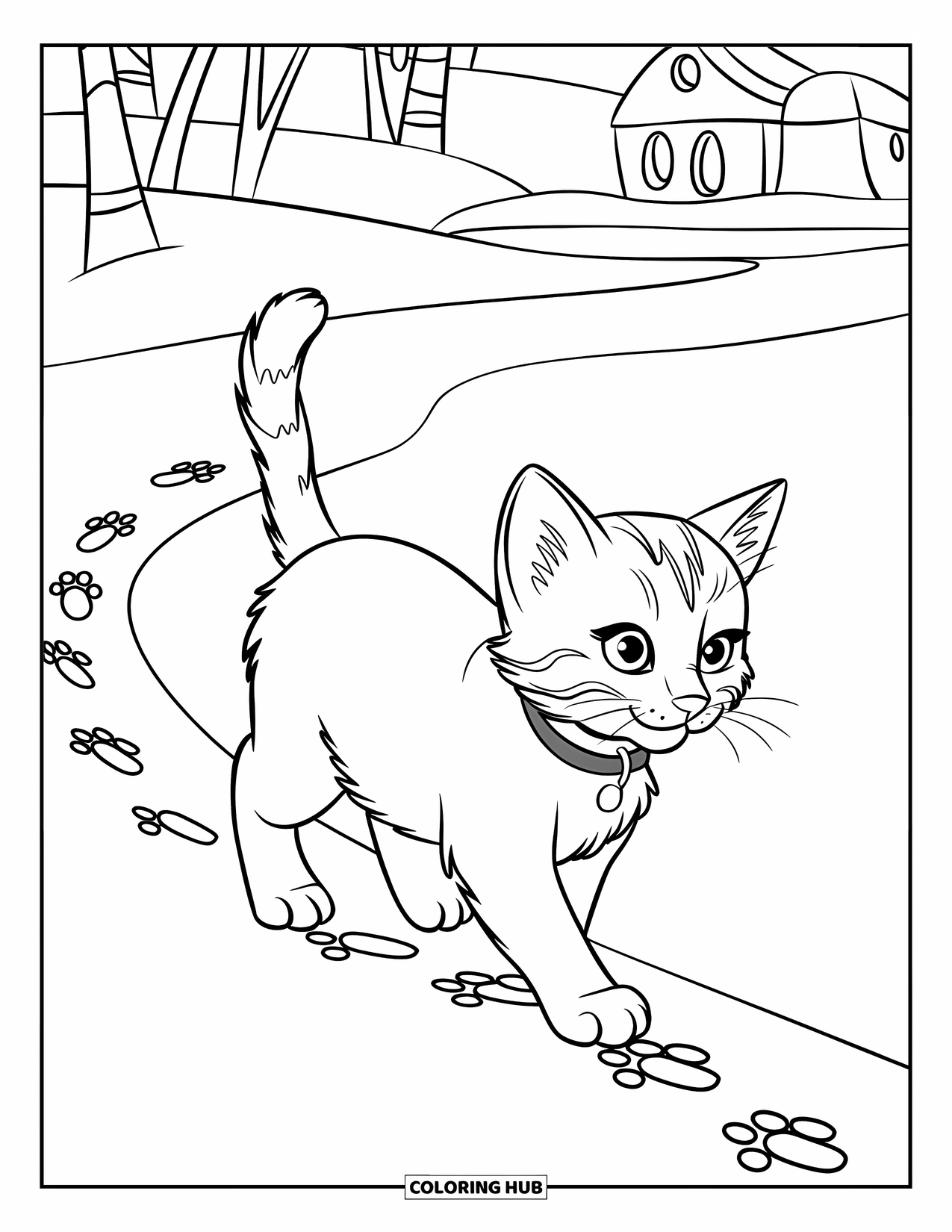 Christmas Kitten Coloring Page for Kids: A kitten walks through snow, leaving prints behind by the trees