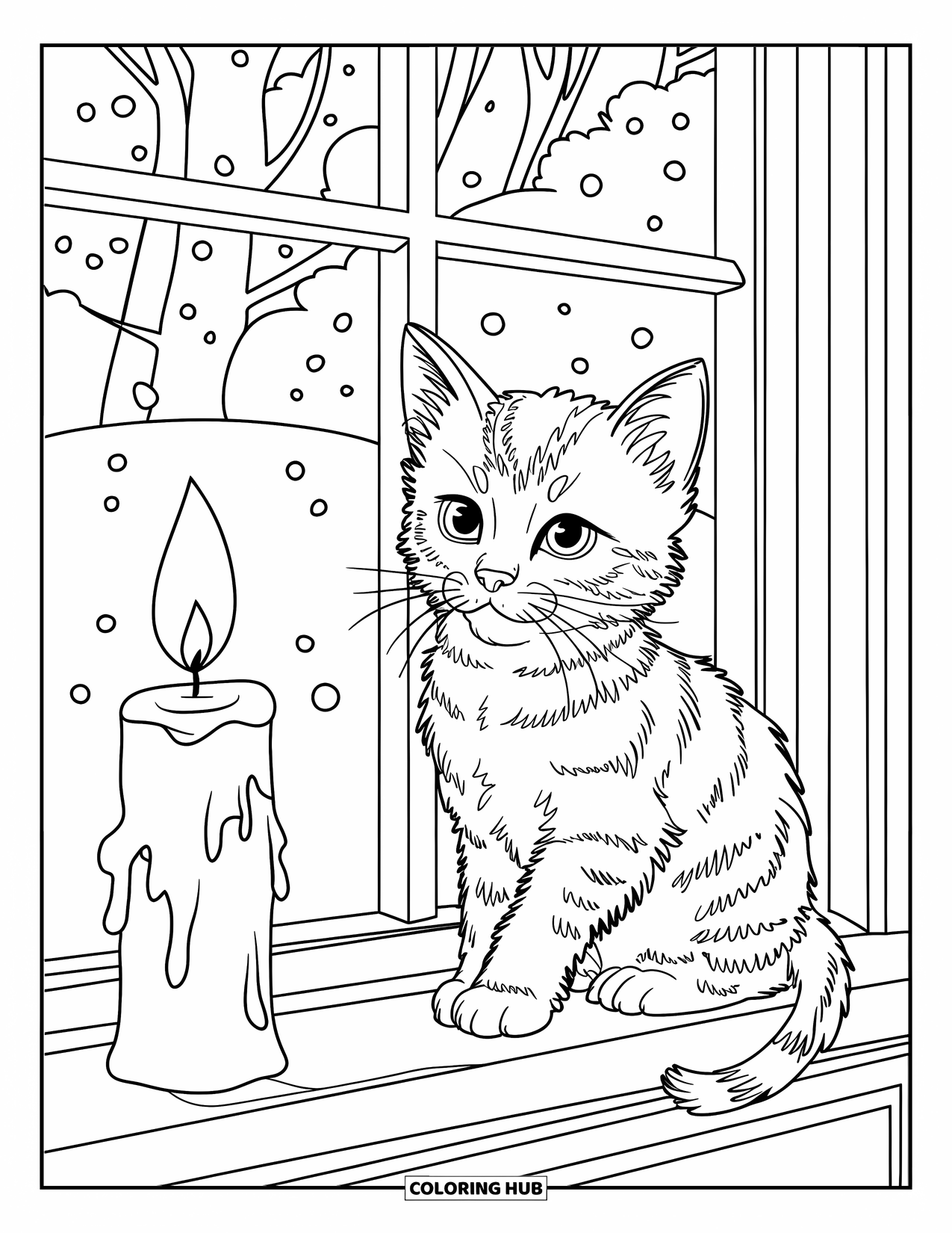 Christmas Kitten Coloring Page for Kids: A kitten watches snowflakes fall from a windowsill beside a candle