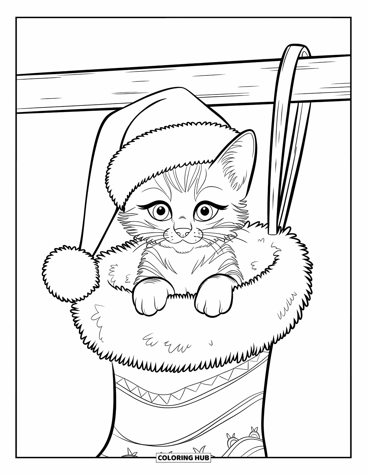 Christmas Kitten Coloring Page for Kids: A kitten wearing a Santa hat sits inside a giant Christmas stocking