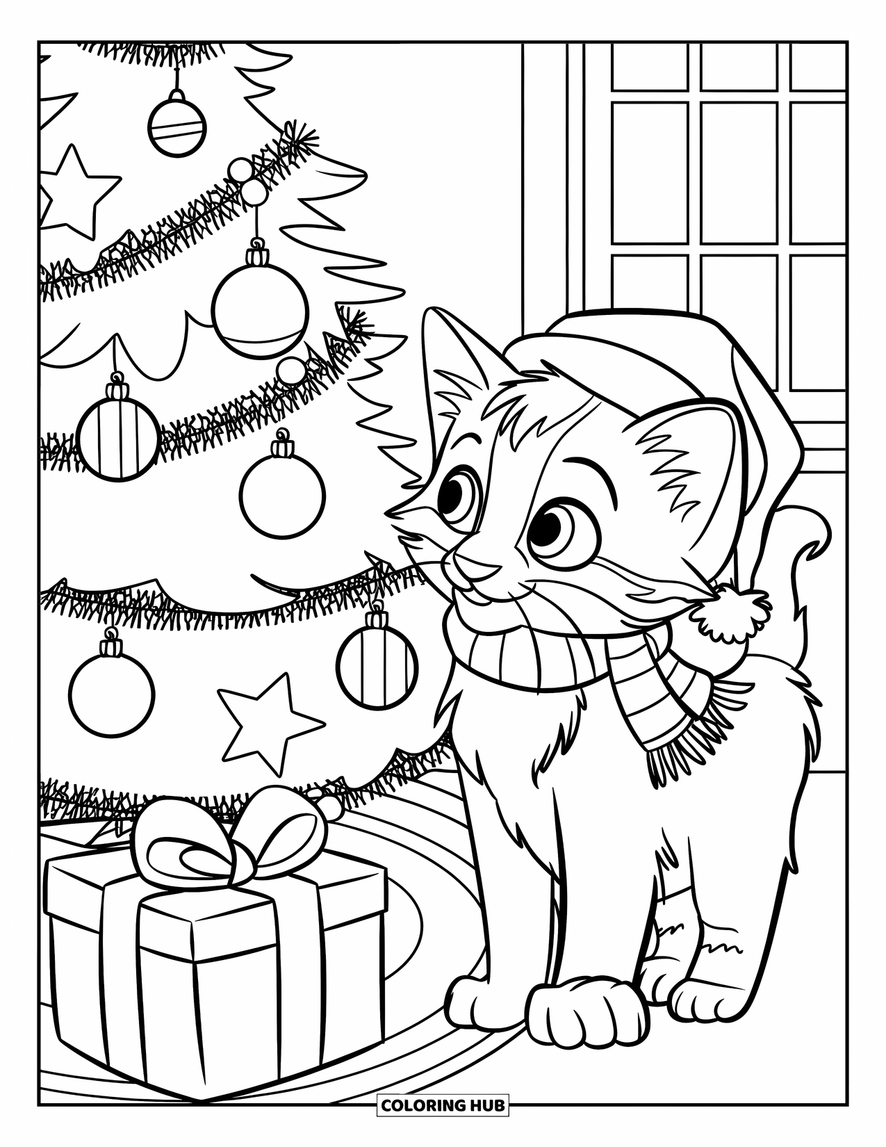Christmas Kitten Coloring Page for Kids: A kitten with a hat sits near a shining tree full of ornaments
