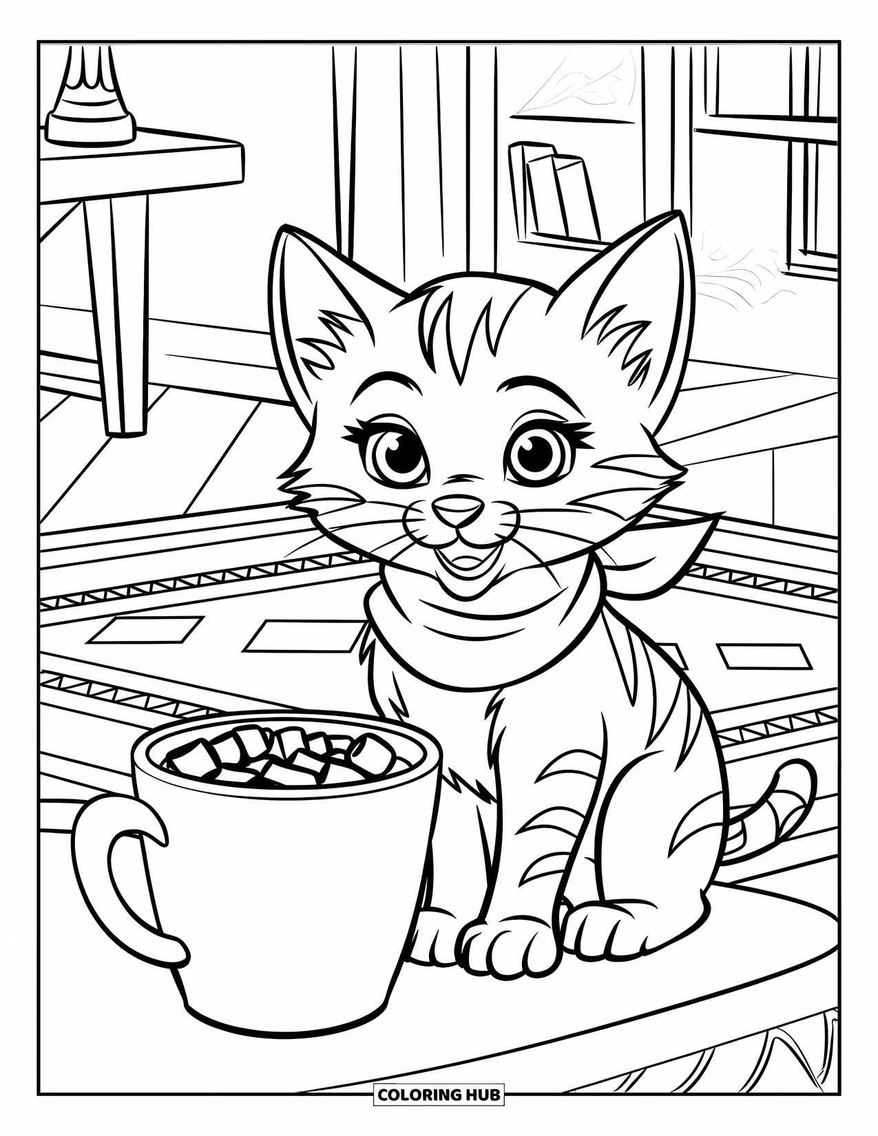 Christmas Kitten Coloring Page for Kids: A kitten with a scarf relaxes beside a warm cup of cocoa