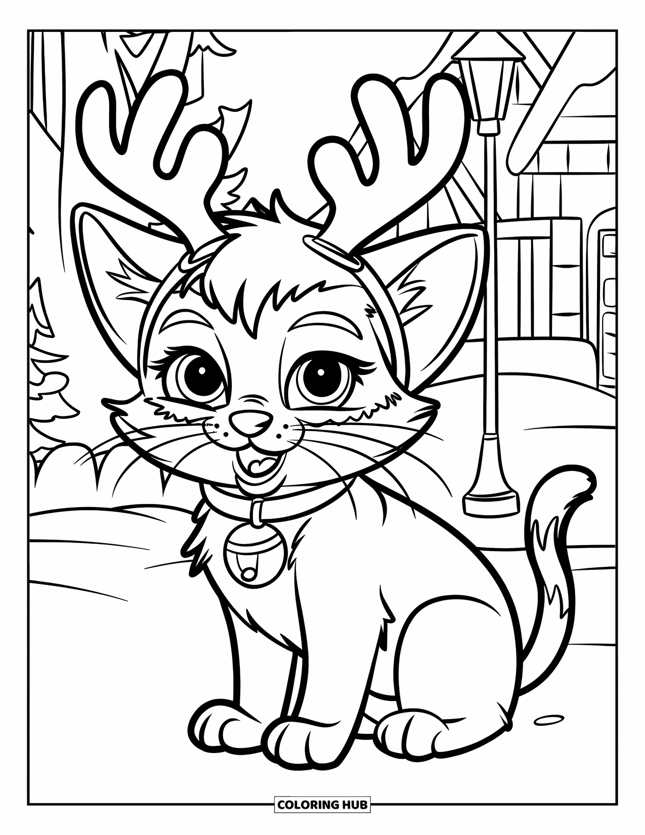 Christmas Kitten Coloring Page for Kids: A kitten with antlers and bells sits happily in the snow