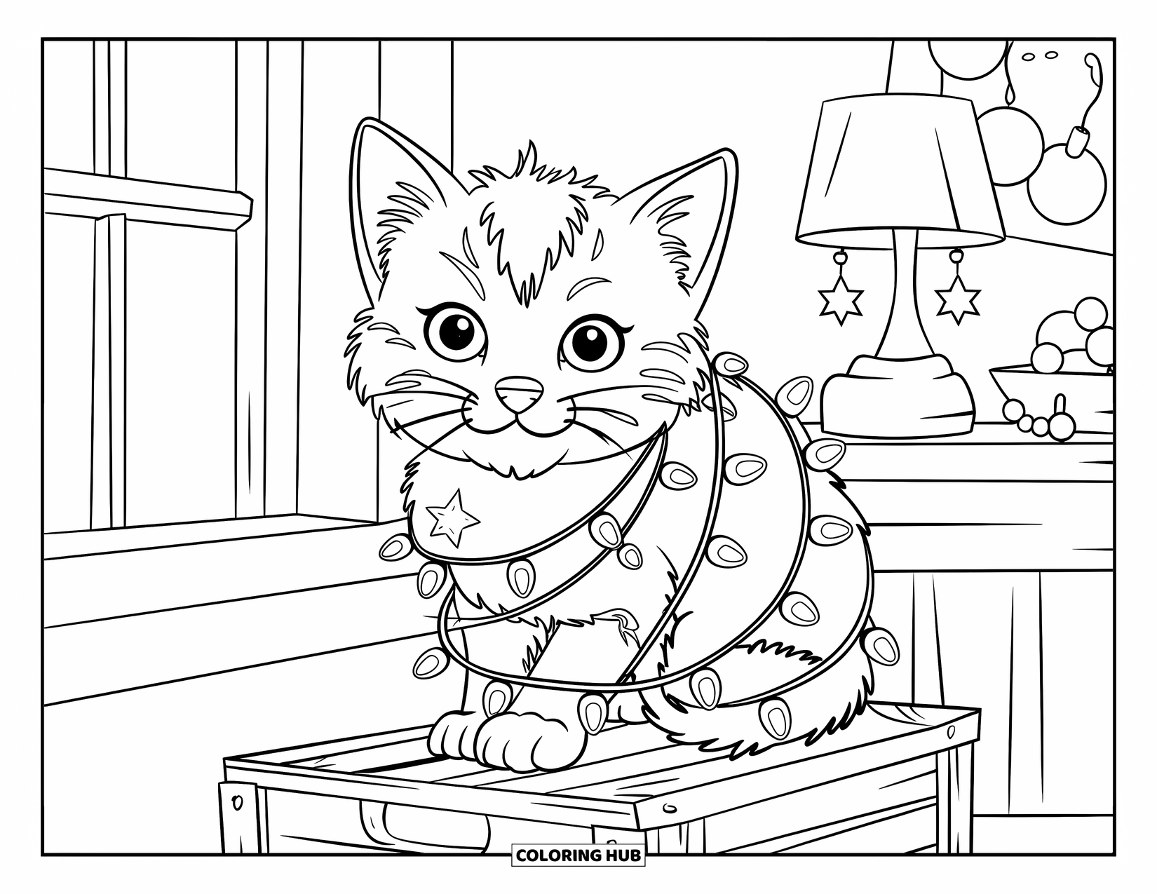 Christmas Kitten Coloring Page for Kids: A kitten wrapped in glowing lights rests beside a window