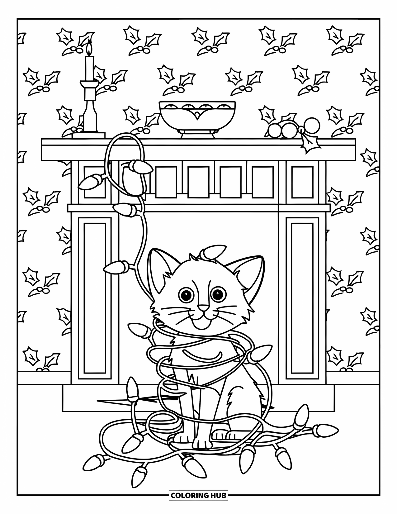 Christmas Kitten Coloring Page for Kids: A kitten wrapped in lights sits near a cozy holiday fireplace