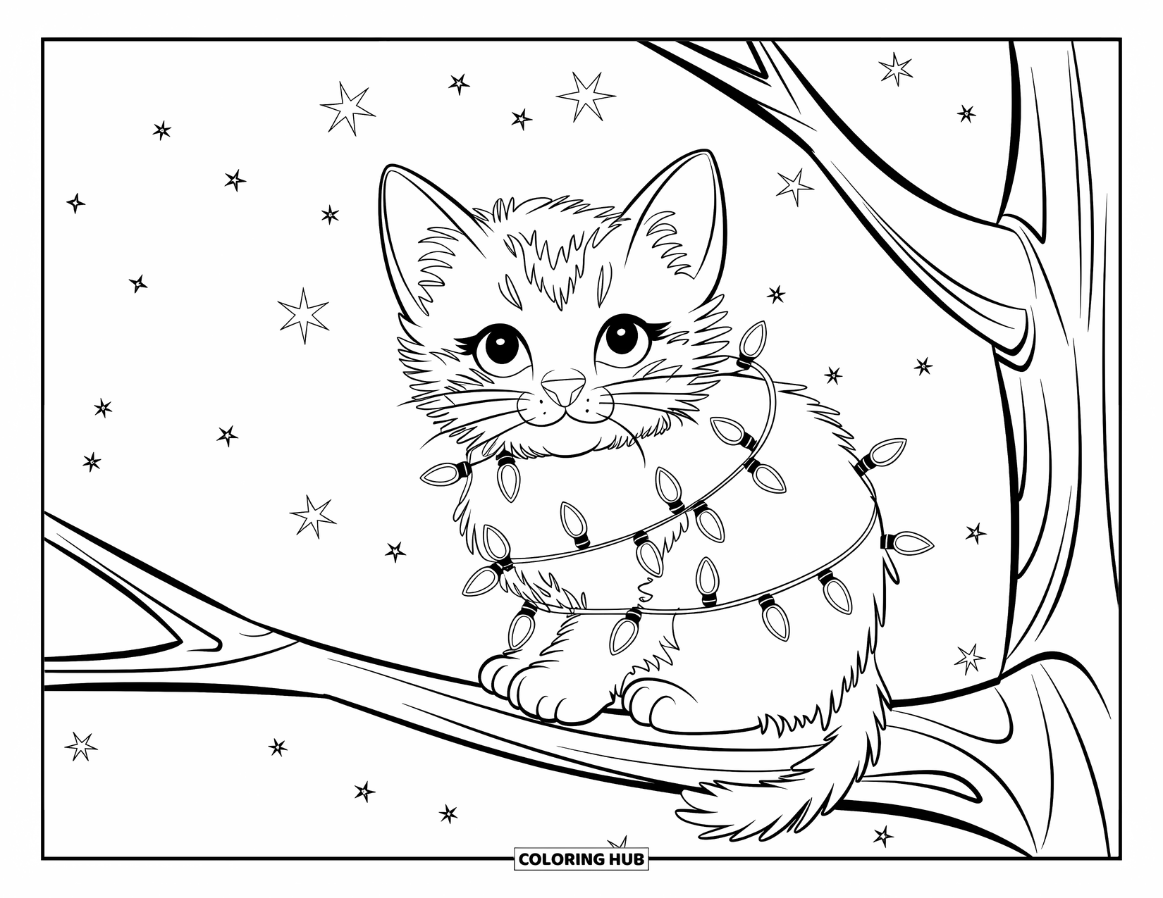 Christmas Kitten Coloring Page for Kids: A kitten wrapped in lights sits on a tree branch under the stars