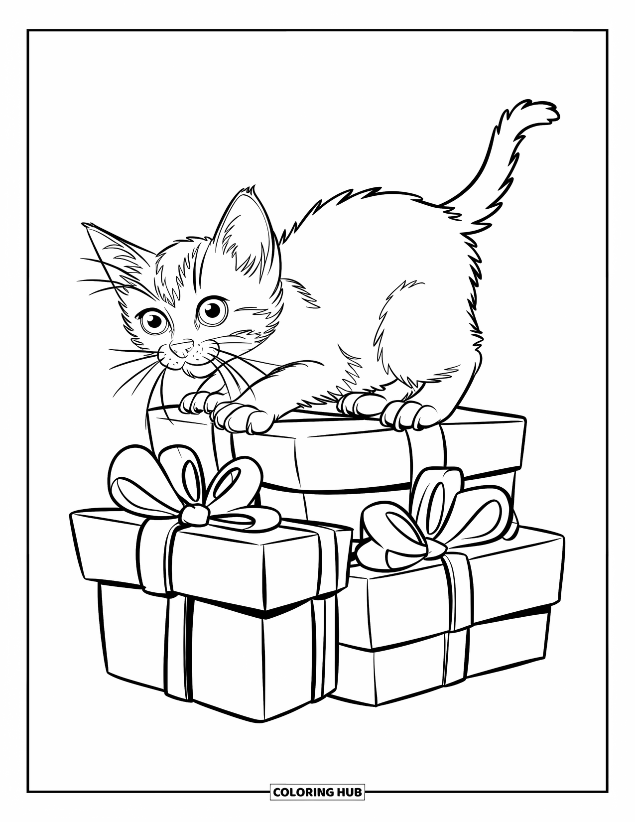 Christmas Kitten Coloring Page for Kids: A playful kitten climbs a tall stack of wrapped presents