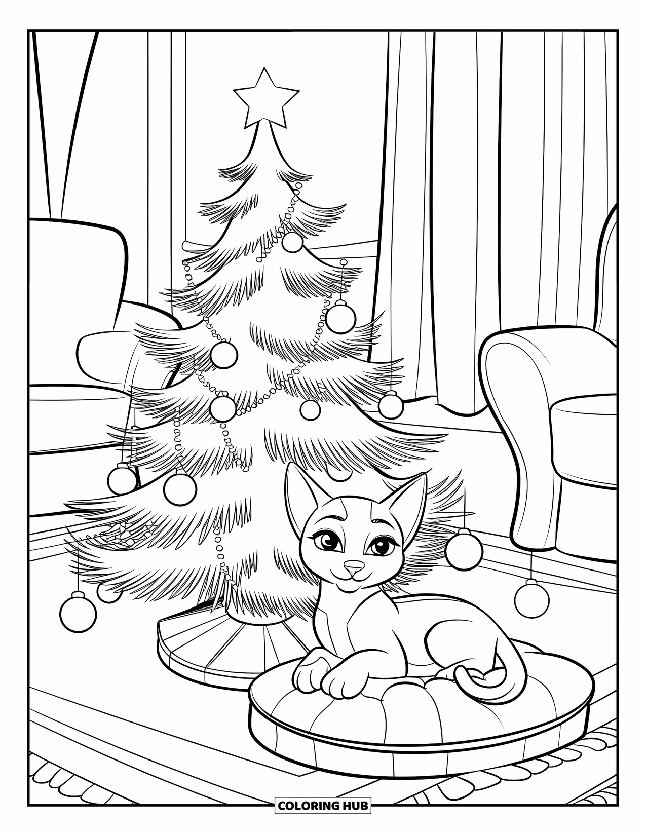 Christmas Kitten Coloring Page for Kids: A relaxed kitten rests beside a tree of twinkling ornaments