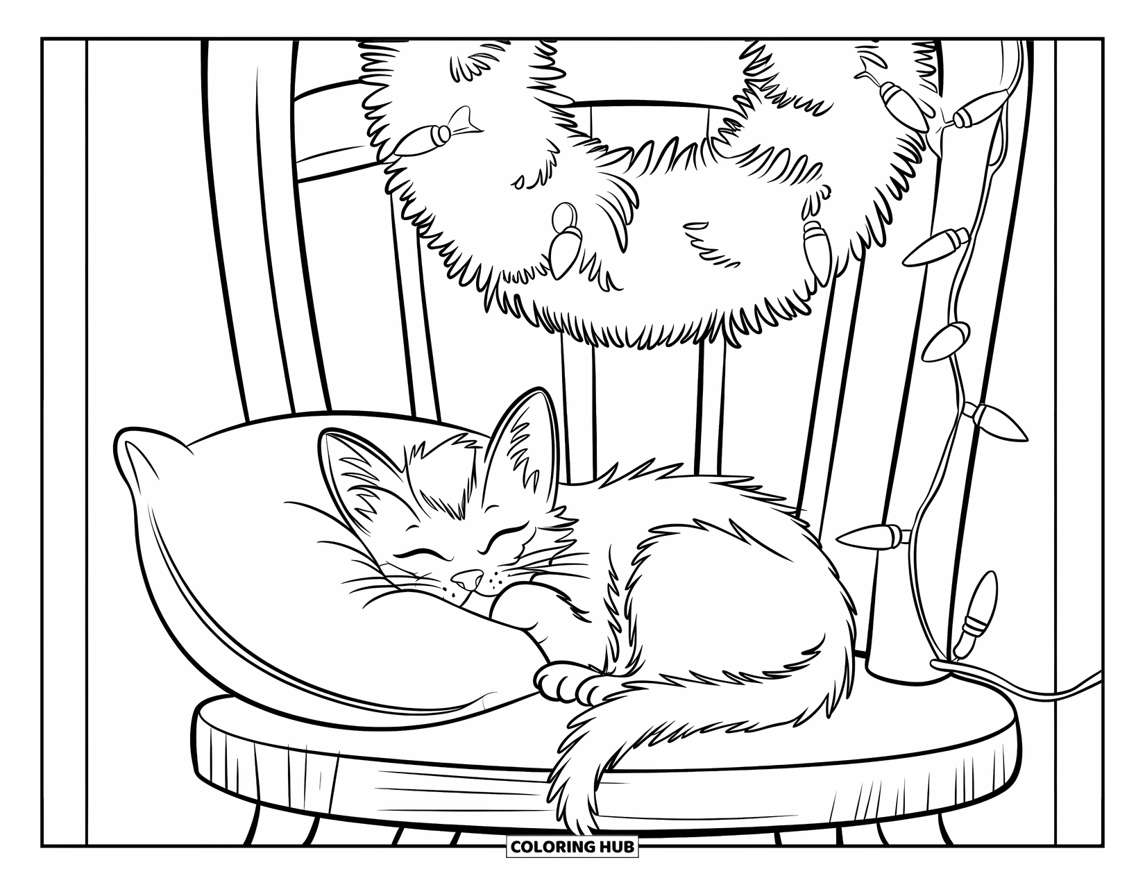 Christmas Kitten Coloring Page for Kids: A sleepy kitten rests under a glowing wreath of lights