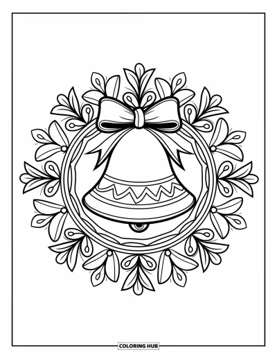 Christmas Ornaments Coloring Page for Adults: A bell ornament tied with a ribbon inside a floral mandala