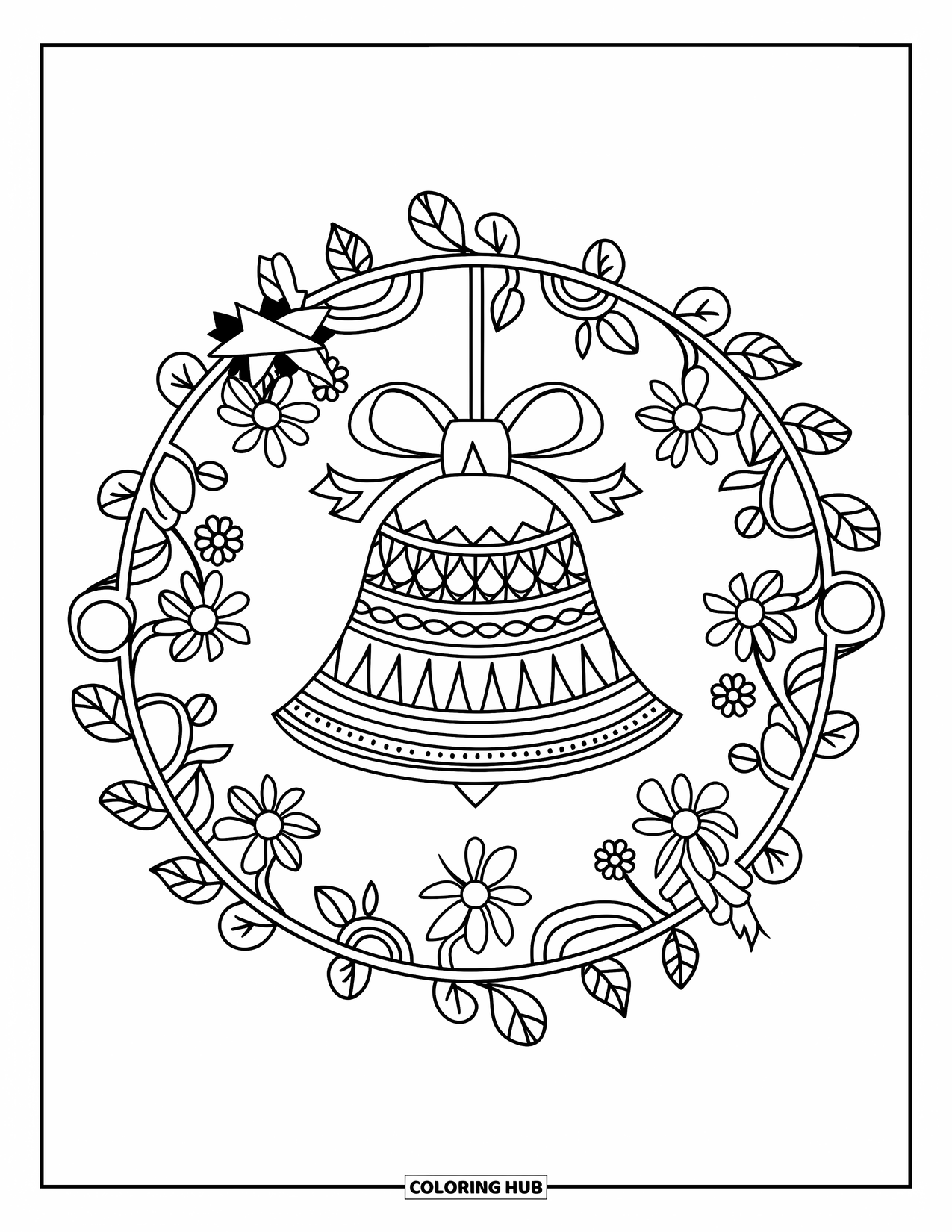 Christmas Ornaments Coloring Page for Adults: A bell ornament with a ribbon framed by floral mandala designs