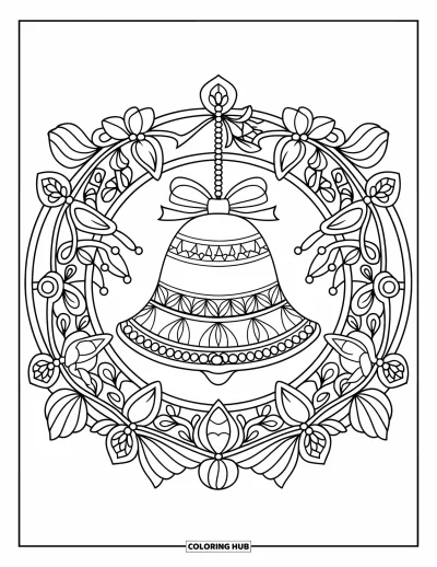 Christmas Ornaments Coloring Page for Adults: A bell ornament with flowers and vines in a circular mandala