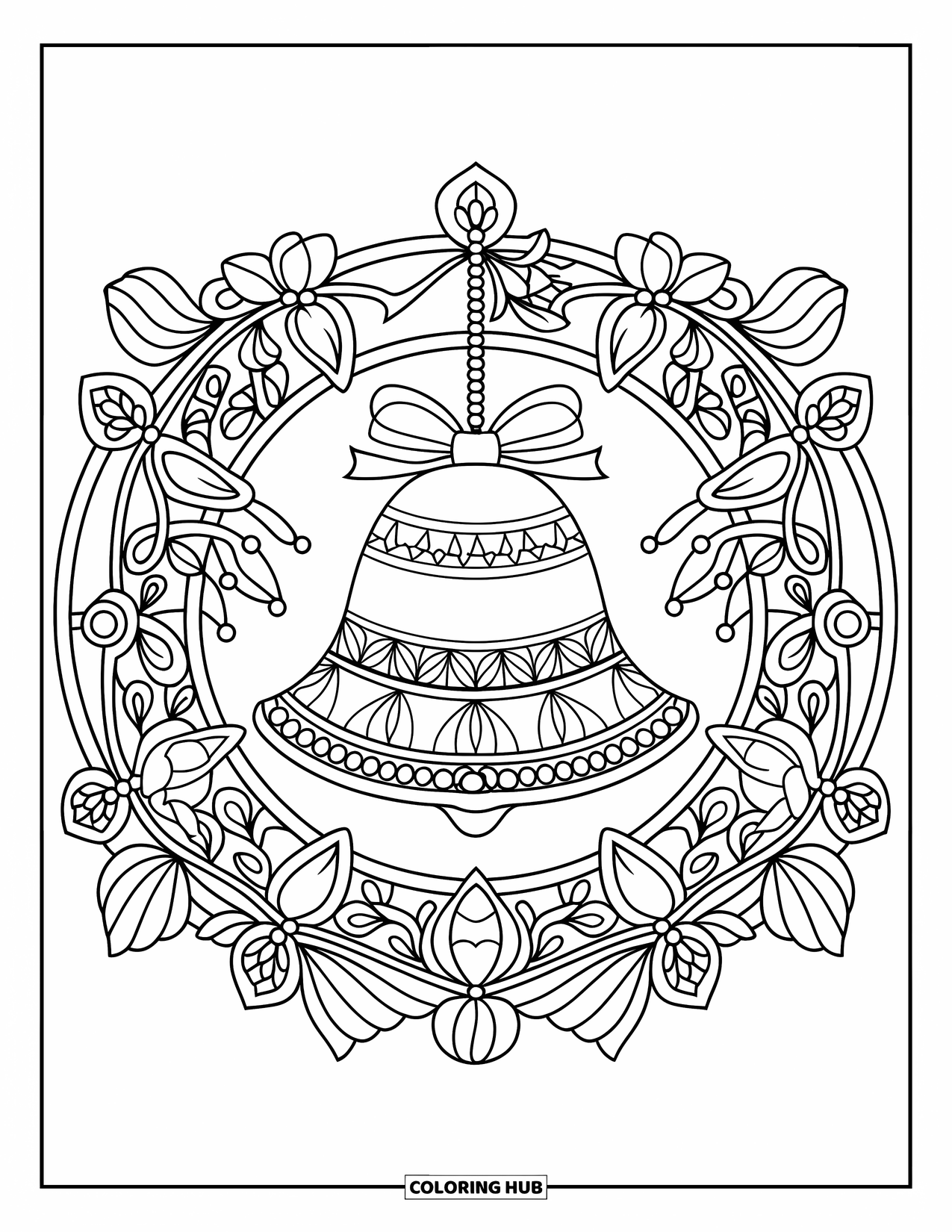 Christmas Ornaments Coloring Page for Adults: A bell ornament with flowers and vines in a circular mandala