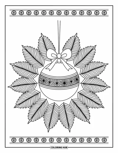 Christmas Ornaments Coloring Page for Adults: A circular ornament with patterned pine leaves and a border