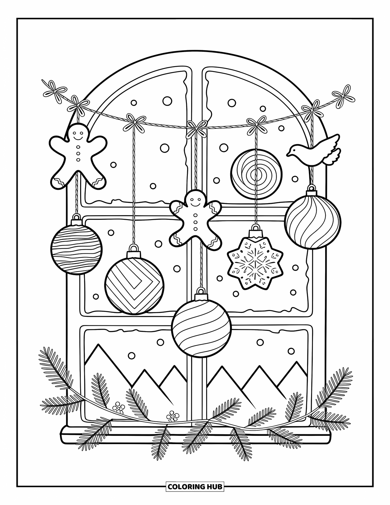Christmas Ornaments Coloring Page for Adults: A cozy window with hanging ornaments and mistletoe garlands