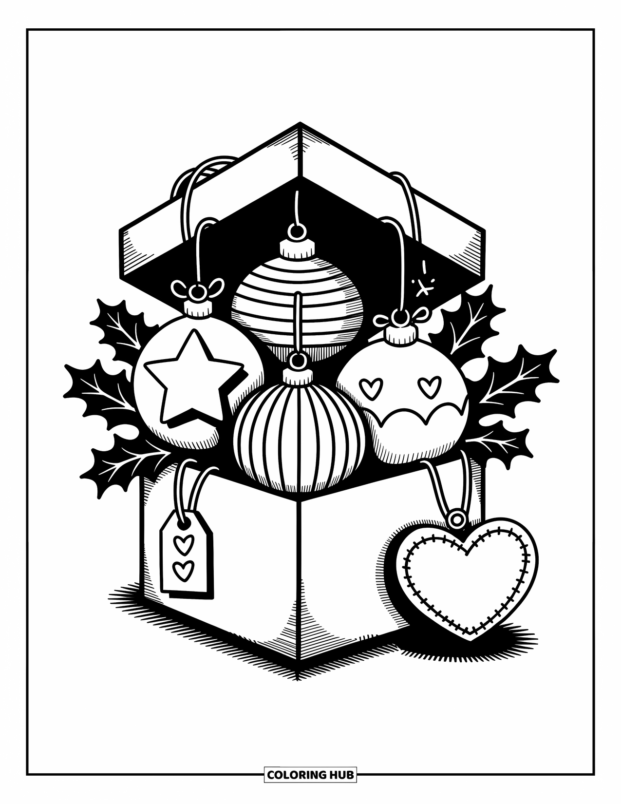Christmas Ornaments Coloring Page for Adults: A gift box brimming with ornaments and festive holly
