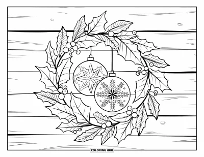 Christmas Ornaments Coloring Page for Adults: A holly and poinsettia wreath with two ornate ornaments inside