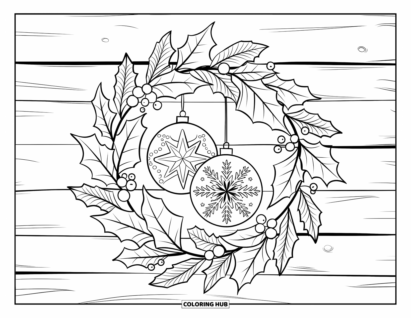 Christmas Ornaments Coloring Page for Adults: A holly and poinsettia wreath with two ornate ornaments inside