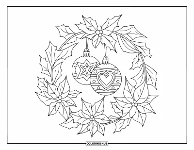Christmas Ornaments Coloring Page for Adults: A holly wreath holding two intricate Christmas ornaments