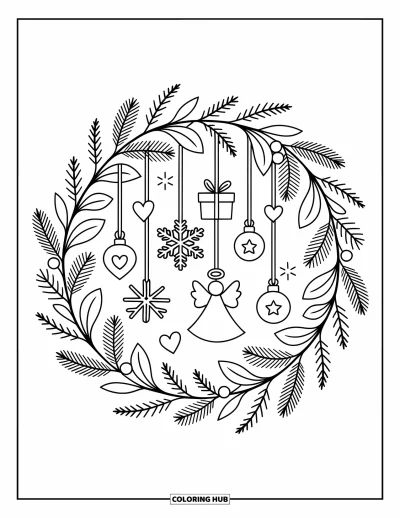 Christmas Ornaments Coloring Page for Adults: A leafy wreath with ornaments and ribbons