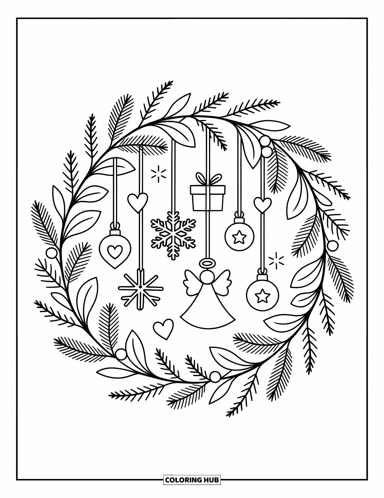 Christmas Ornaments Coloring Page for Adults: A leafy wreath with ornaments and ribbons