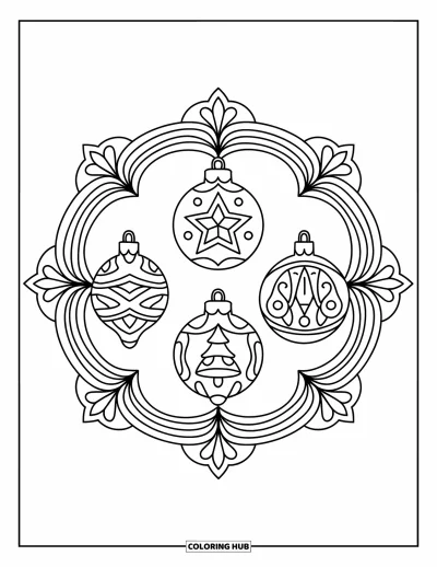 Christmas Ornaments Coloring Page for Adults: A mandala featuring ornaments shaped like a star, tree, and bell