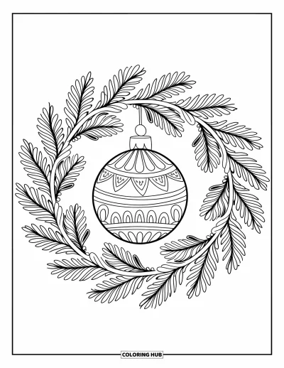 Christmas Ornaments Coloring Page for Adults: A mandala of pine leaves surrounding a round ornament