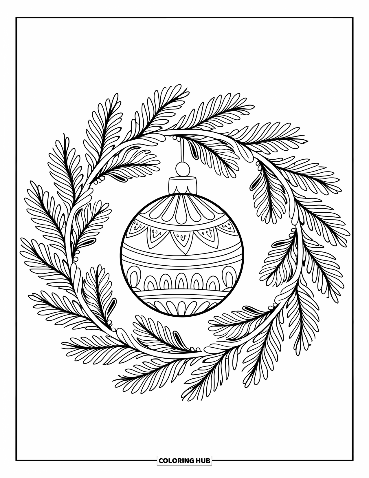 Christmas Ornaments Coloring Page for Adults: A mandala of pine leaves surrounding a round ornament
