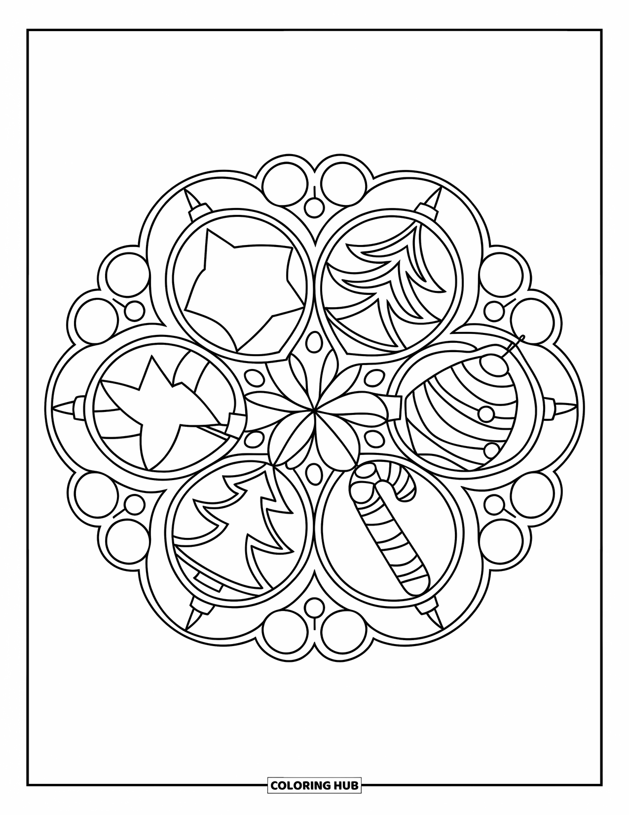 Christmas Ornaments Coloring Page for Adults: A mandala with a star, tree, and candy cane design