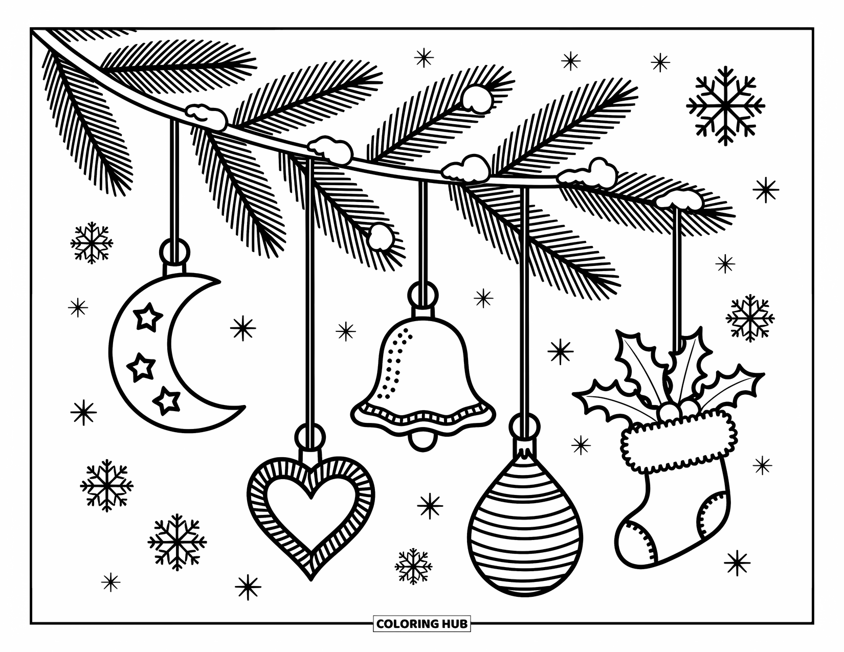 Christmas Ornaments Coloring Page for Adults: A pine branch with five kawaii ornaments