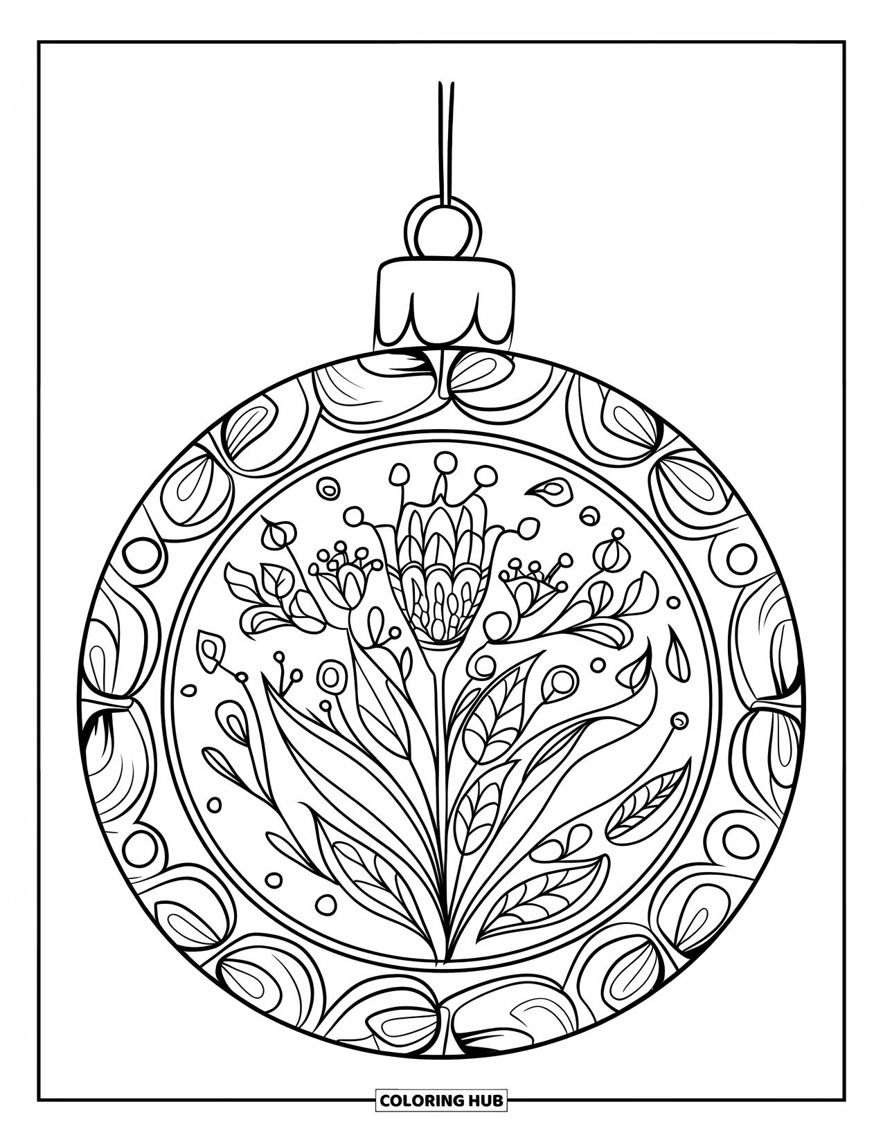 Christmas Ornaments Coloring Page for Adults: A round ornament with a botanical mandala pattern hanging from a branch