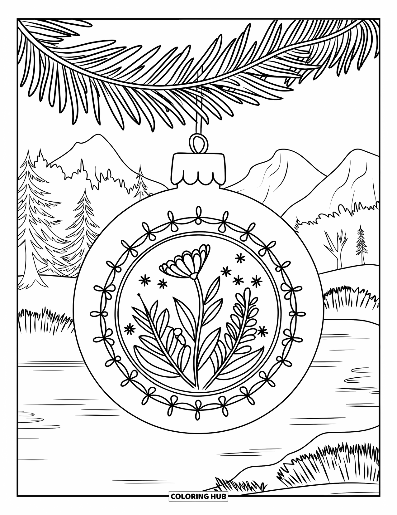 Christmas Ornaments Coloring Page for Adults: A round ornament with floral engravings inside a botanical mandala