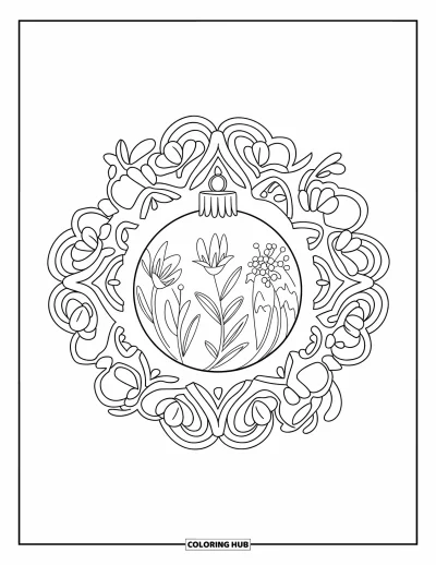 Christmas Ornaments Coloring Page for Adults: A round ornament with floral patterns inside a mandala