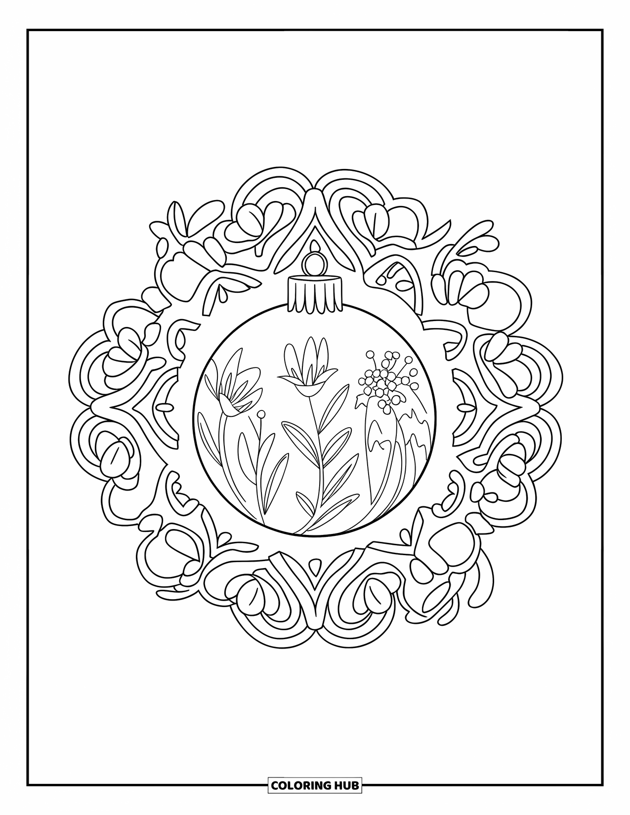 Christmas Ornaments Coloring Page for Adults: A round ornament with floral patterns inside a mandala