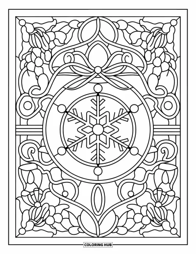 Christmas Ornaments Coloring Page for Adults: A snowflake ornament in a stained glass design with floral details