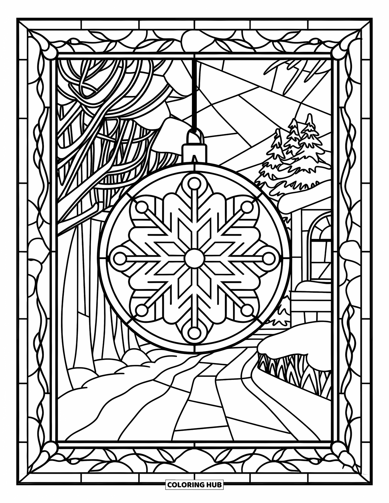 Christmas Ornaments Coloring Page for Adults: A snowflake ornament in stained glass framed by winter scenery
