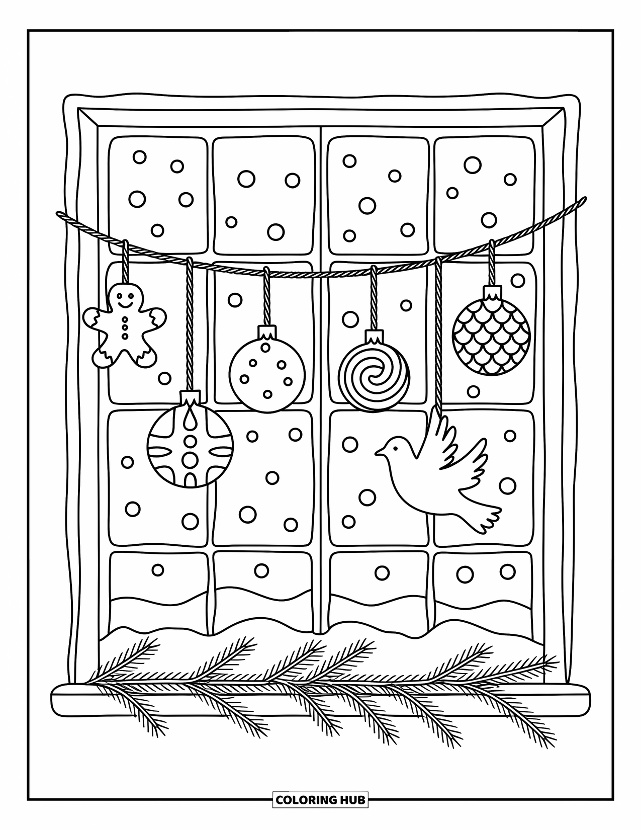 Christmas Ornaments Coloring Page for Adults: A snowy window scene with ornaments hanging from twine