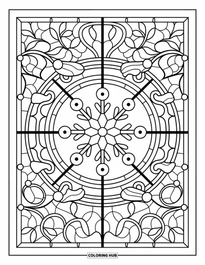 Christmas Ornaments Coloring Page for Adults: A stained glass pattern featuring a snowflake ornament with vines and leaves