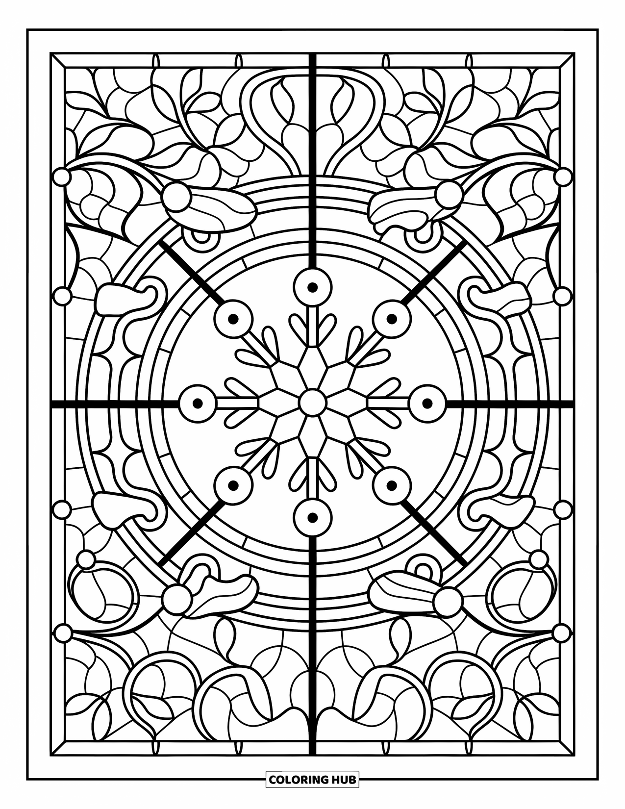 Christmas Ornaments Coloring Page for Adults: A stained glass pattern featuring a snowflake ornament with vines and leaves