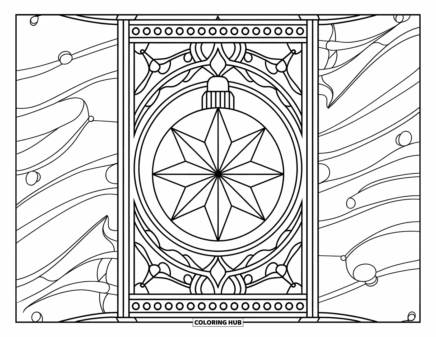 Christmas Ornaments Coloring Page for Adults: A star ornament surrounded by ornate stained glass patterns