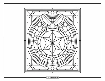 Christmas Ornaments Coloring Page for Adults: A star ornament with a ribbon inside a stained glass frame
